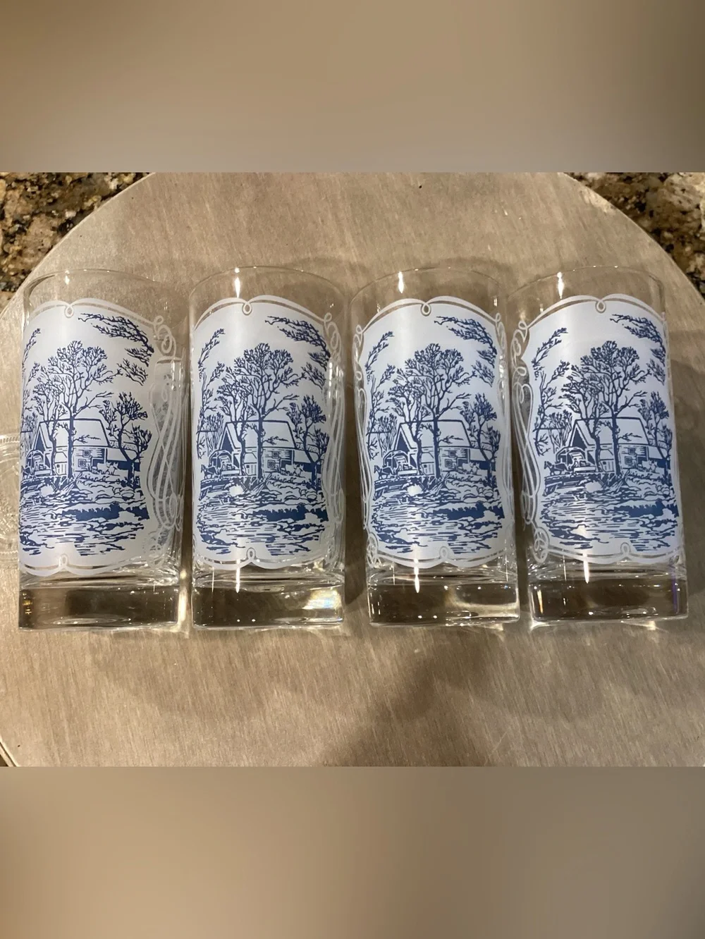 Vintage Currier & Ives Blue Glass Tumblers - Set of 4